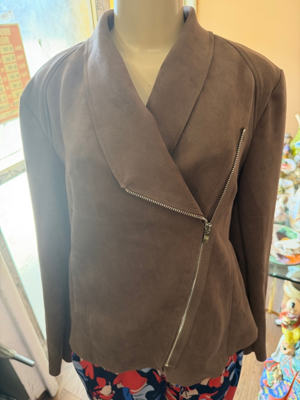 Tahari‎ Brown Suede-Look Asymmetric Zip Jacket